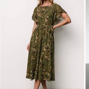 Baltic Born Olive Floral Midi Dress with Tie Waist